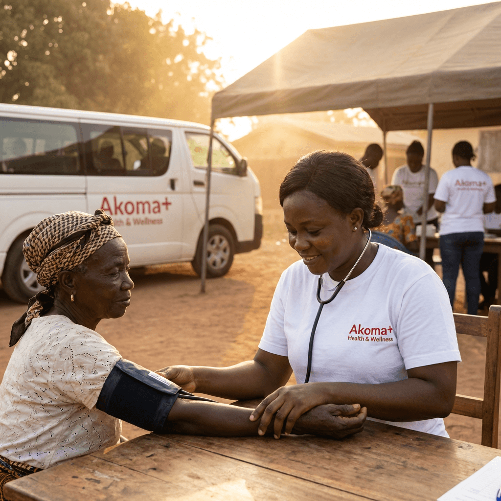Akoma+ nurse screening a community member's blood pressure